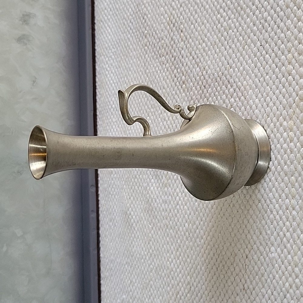 Small vintage pewter bud vase with handle.  5.5" high.